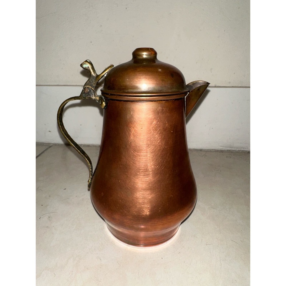 Vtg Copper Teapot Brass Handle Hinged Lid 7.5in Polished Rustic Farmhouse Decor